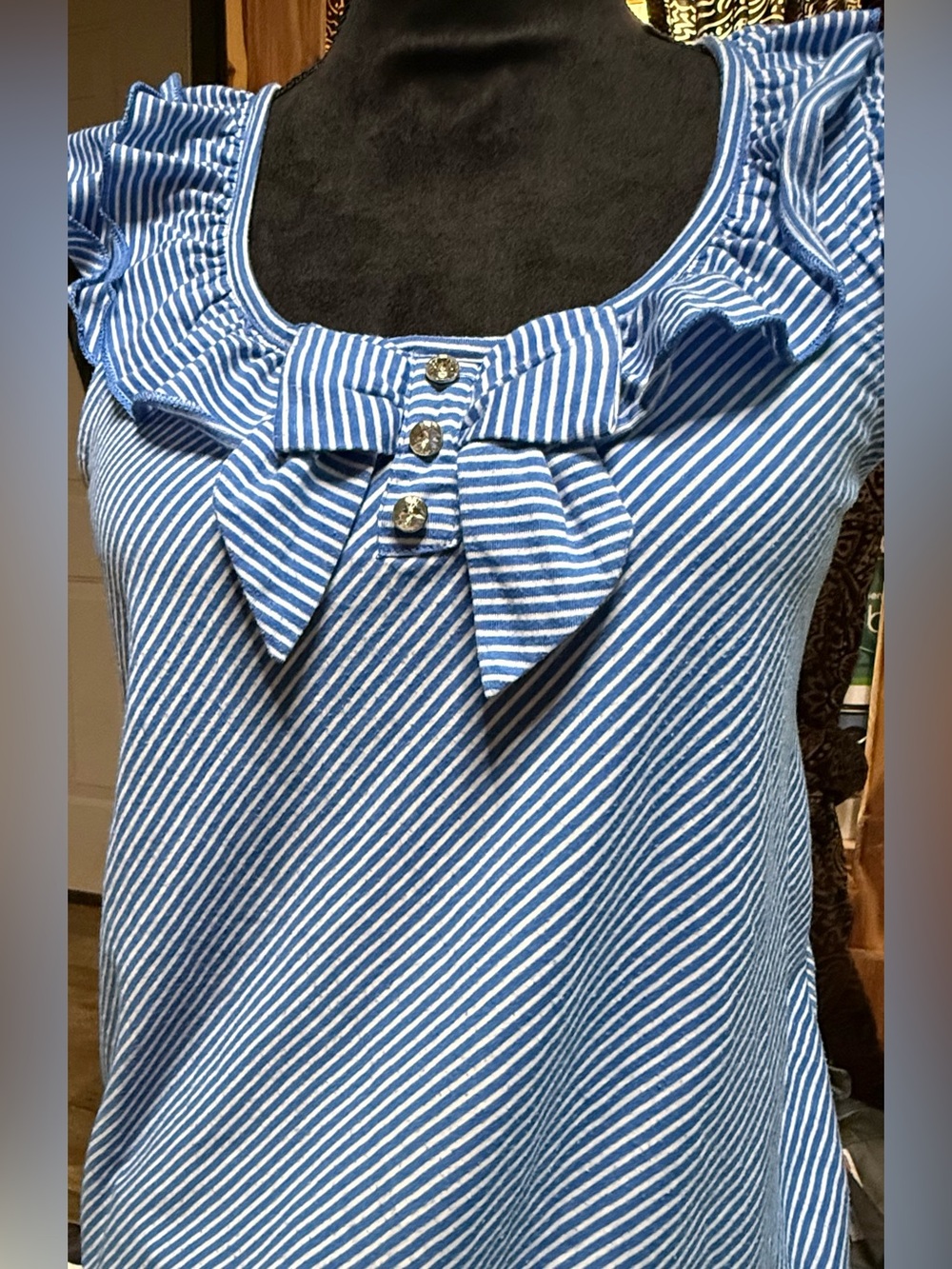 Lena Striped Rhinestone Gem Bow Accent Ruffle Neck Top •Medium⁠•